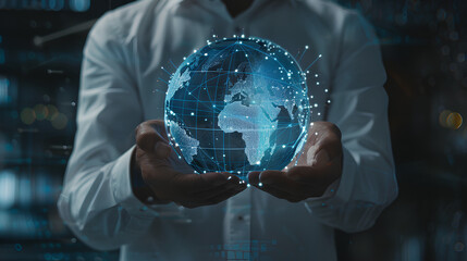 Document Management Businessman holds global business globe with network connected to Document Management, Information Retrieval, Streamlined Workflow Processes