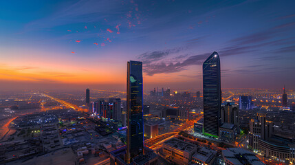 Fototapeta premium During the blue hour, the KAFD buildings in Riyadh, Saudi Arabia, stand out