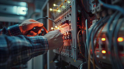 Electricity and electrical maintenance service, Engineer hand holding AC voltmeter checking electric current voltage at circuit breaker terminal and cable wiring main power distribution board