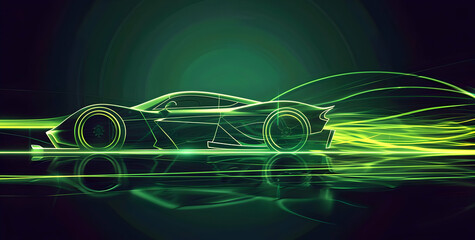 A sleek black sports car with green glowing trails, representing speed and power.