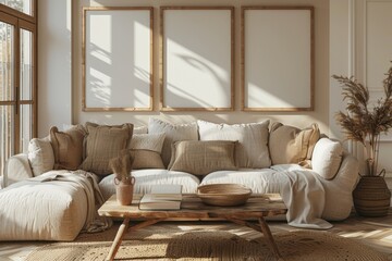 Cozy living room with comfortable sofa and blank wooden frames