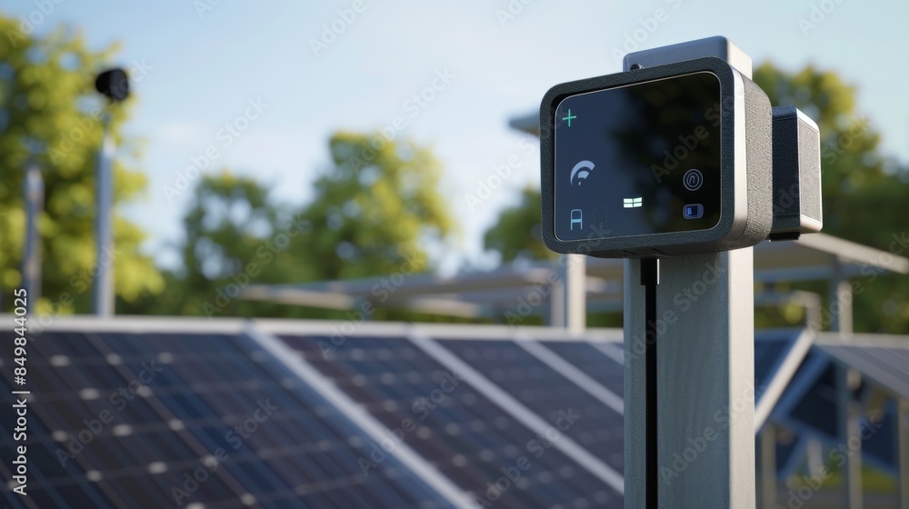 Poster a virtual reality simulation of a solar panel installation including a simulation of the monitoring 