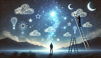 Human Silhouette with Dream Symbols Under a Starry Sky Background, 4K Wallpaper, Banner, Copy Space