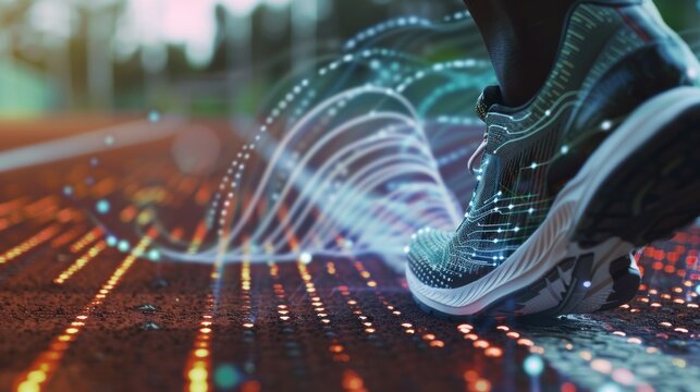 Close up of a runner shoes on a track with a holographic digital wave and data visualization background, depicting technology in sport. - Powered by Adobe