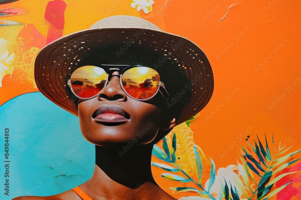 Poster minimal collage retro dreamy of black woman sunglasses portrait adult.