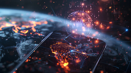 Mobile global internet communications. World wide web on phone via wireless satellite network technology. Smartphone digital connection at clouds services of all earth. Holographic abstract interface