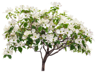 Obraz premium A blooming dogwood tree with white flowers in full bloom, isolated on a white background.