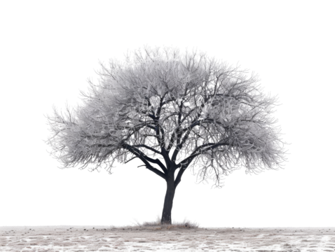 A lone tree covered in frost stands in a field, the branches reaching up towards a grey sky. The scene evokes a sense of winter solitude and tranquility.