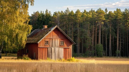 Obraz premium A wooden barn under the sun in the Finnish countryside in summer