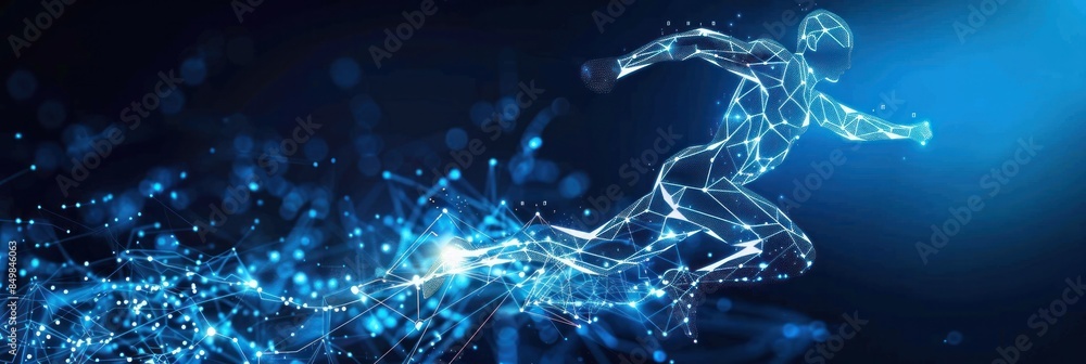 Poster sports and technology background. abstract running man form lines and triangles, point connecting ne