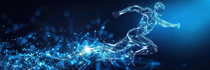 Sports and technology background. Abstract running man form lines and triangles, point connecting network.