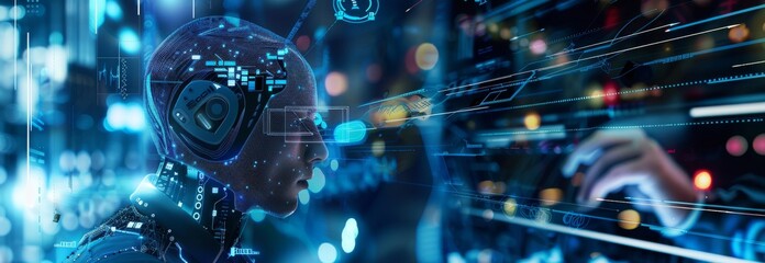 Digital art of an AI robot head with futuristic holographic interface and technology
