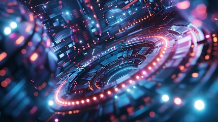 Hightech digital art with geometric patterns, glowing elements, futuristic and vibrant design