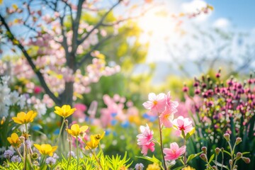 Obraz premium A beautiful garden with a variety of flowers and trees