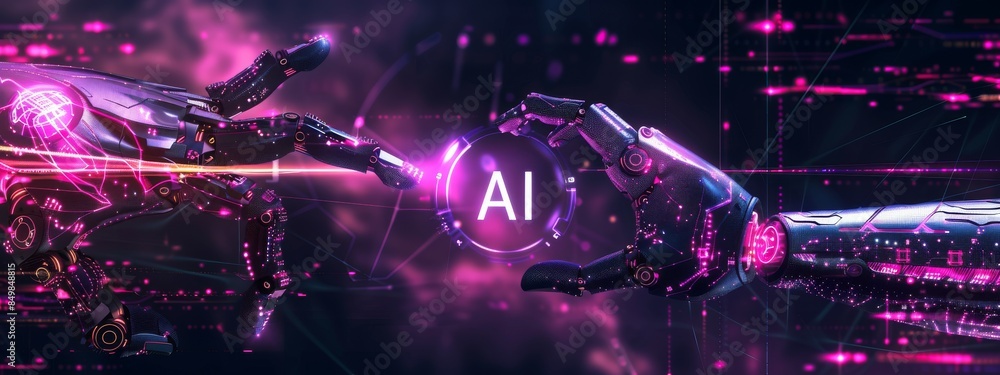 Poster digital illustration of ai technology with robotic hands and futuristic interface