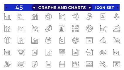 Growing bar graph icon set. Business graphs and charts icons. Statistics and analytics  Outline icon. Statistic and data, charts diagrams, money, down or up arrow.
