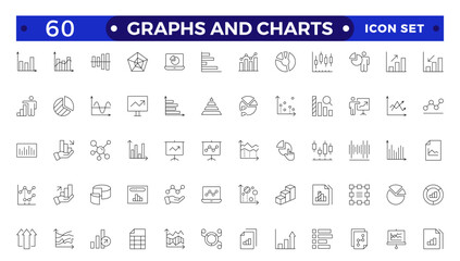 Growing bar graph icon set. Business graphs and charts icons. Statistics and analytics  Outline icon. Statistic and data, charts diagrams, money, down or up arrow.