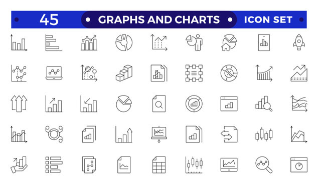 Growing bar graph icon set. Business graphs and charts icons. Statistics and analytics  Outline icon. Statistic and data, charts diagrams, money, down or up arrow.
