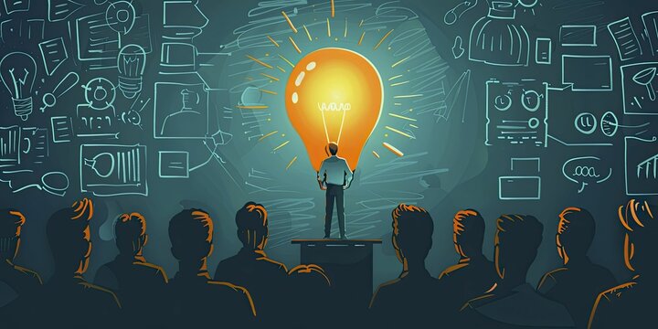 Entrepreneurial spirit shown through a startup founder pitching ideas to investors.