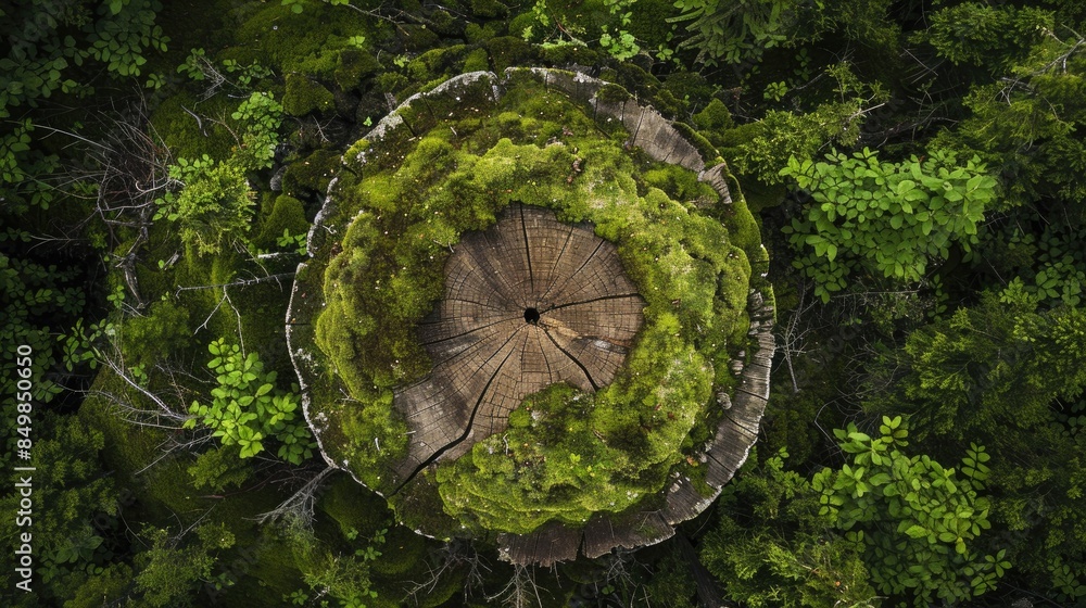 Poster view from above of a thick tree stump covered in moss