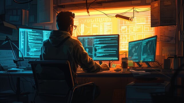 Attractive professional software developer coding program or engineering prompt. Skilled programmer typing computer and laptop while developing system with blurring background. Technology. AIG42.