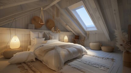 Scandinavian concept, Interior of the cute small attic bedroom with cozy minimal mix scandinavian style