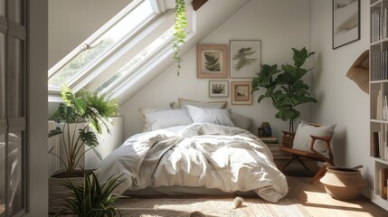 Scandinavian concept, Interior of the cute small attic bedroom with cozy minimal mix scandinavian style