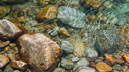 The beauty of nature is revealed through the clear water stream winding among rocks
