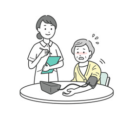 白衣高血圧で血圧が上がる高齢女性と看護師の上半身イラスト