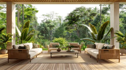 Fototapeta premium Outdoor Living room with nature scenery view for rest and relax decorate with modern furniture, cozy home decor , outdoor, nature