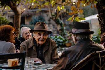 Unidentified people sitting at a table in a street cafe in Madrid, Spain