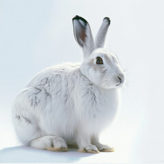 Fototapeta premium A close-up portrait of a white rabbit with alert eyes, set against a clean, white background for a minimalist effect.