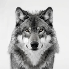 Fototapeta premium Captivating portrait of a gray wolf with a piercing gaze, displayed in black and white for a dramatic effect.