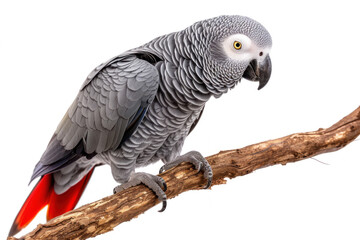 Fototapeta premium Portrait of an African Grey Parrot perched on a branch, showcasing its intelligence and striking features.