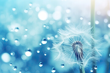 Fototapeta premium Delicate dandelion with dew drops on a soft blue background, capturing the essence of tranquility and nature.