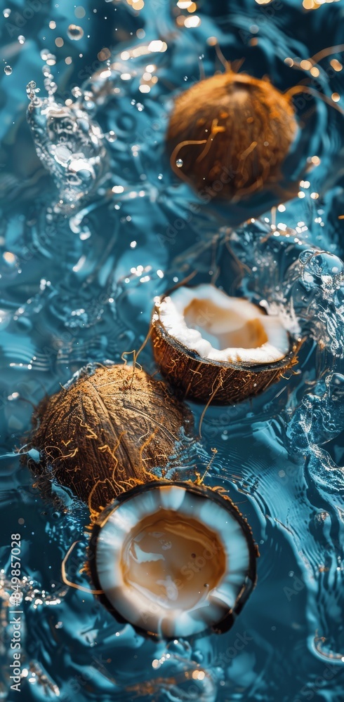 Poster Coconut halves floating in water with splashes and reflections