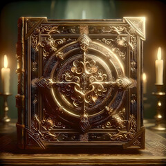 intricate book, ornate cover of ancient fantasy tome, old, glowing, placed on an worn altar, lit up by candle light