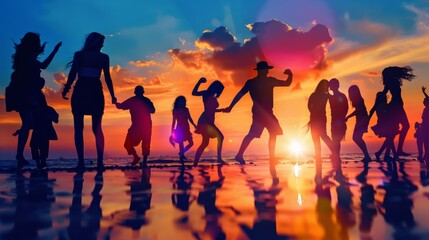 Young people dancing, sea summer party siluette sunset, summer concept 