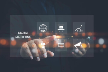 Digital marketing commerce online sale concept, Digital platform for online marketing and network technology concepts, digital , website ad, email, social network, video, SEO and business strategy.