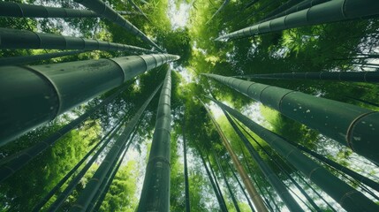 Tall, slender bamboo stalks reaching up towards the sky, creating a peaceful and serene...