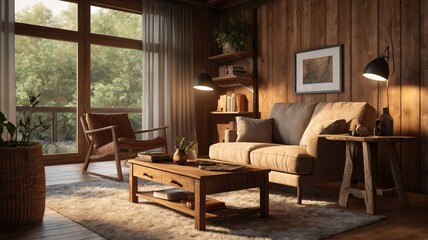 Cozy Living Room with Wooden Interior , featuring a large window. The room is furnished with a brown leather sofa, a wooden coffee table, and an armchair. There are plants and decorative items.
