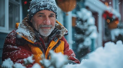 Gentleman in winter attire looking content among a snowy town backdrop during daytime
