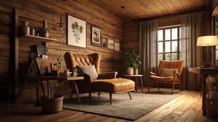 A cozy, rustic living room with wooden walls, floor, and ceiling. The room features a large window with sheer curtains, comfortable leather armchair. Plants and decorative items