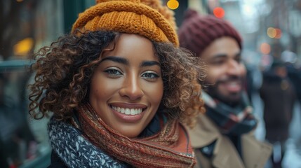 A smiling young woman wearing a mustard-yellow beanie and scarf, with a blurred man in the background