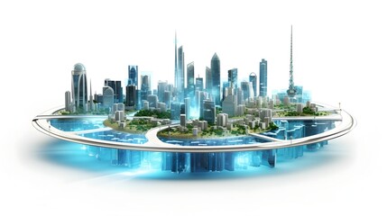 Futuristic Smart City Model with Digital Nanotechnology and Connectivity on Isolated White Background