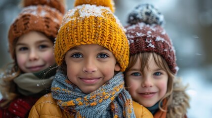 Three happy kids with colorful winter hats smiling in a snowy environment, showing playfulness and joy