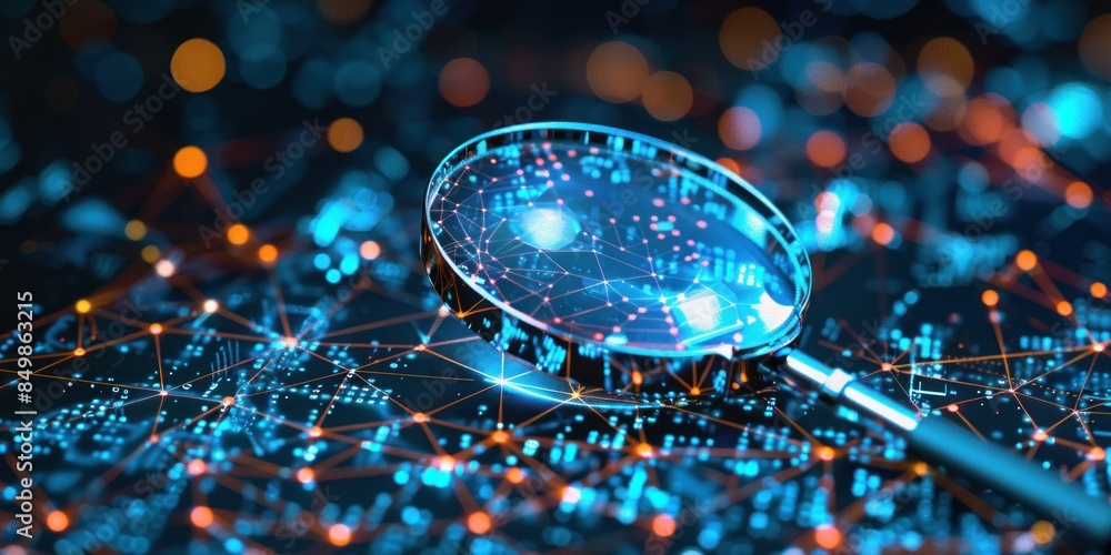 Poster a magnifying glass hovering over an intricate web of digital connections