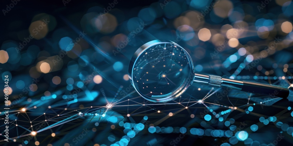Poster a magnifying glass hovering over an intricate web of digital connections