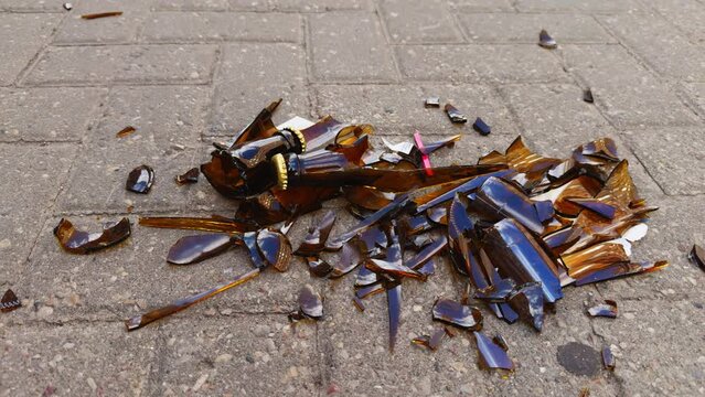 Broken glass shards on the sidewalk pavement in daylight need to be cleaned up due to safety hazards and messy urban scenes