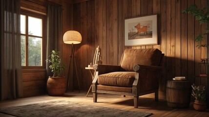 A cozy, rustic living room with wooden walls, floor, and ceiling. The room features a large window with sheer curtains, comfortable leather armchair. Plants and decorative items
